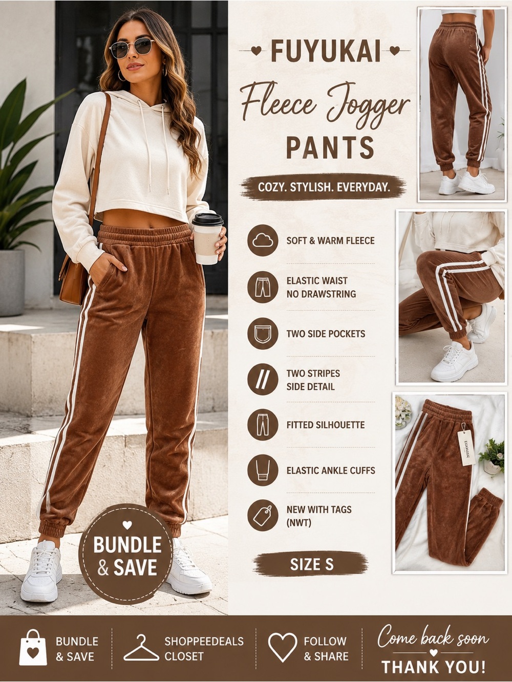 Fuyukai Fleece Jogger Pants – Side Stripe – Elastic Waist – Women’s S – NW